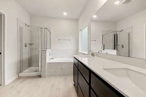 a bathroom with a shower sink vanity and mirror