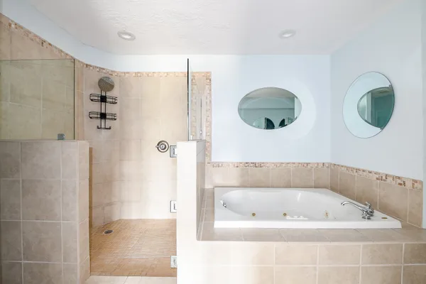 a bathroom with a bathtub and a shower