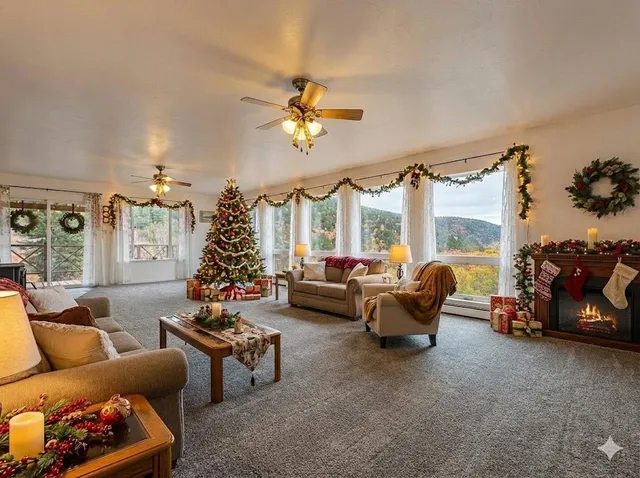 a living room with furniture toys and a large window