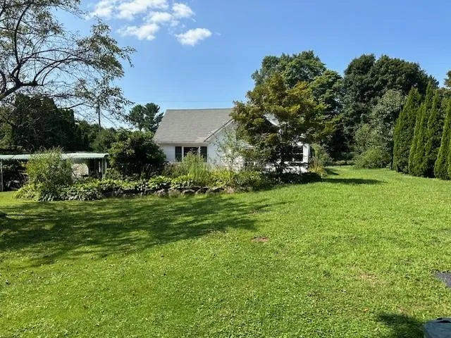 a view of backyard of house with green space