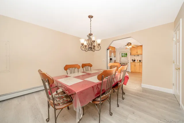 a view of a dining room with furniture and window