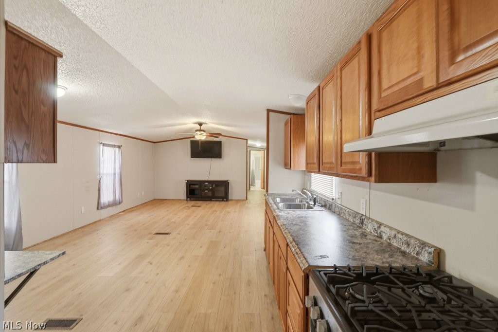 6507 Robby Lane Ravenna, OH 44266 - Photo 25 of 25 Kitchen with plenty of natural light, open floor plan, light wood finished floors, a textured ceiling, and ornamental molding