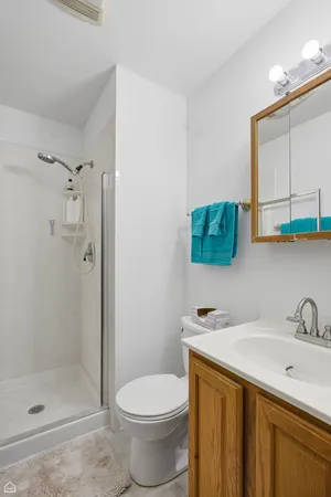 a bathroom with a sink a toilet and shower