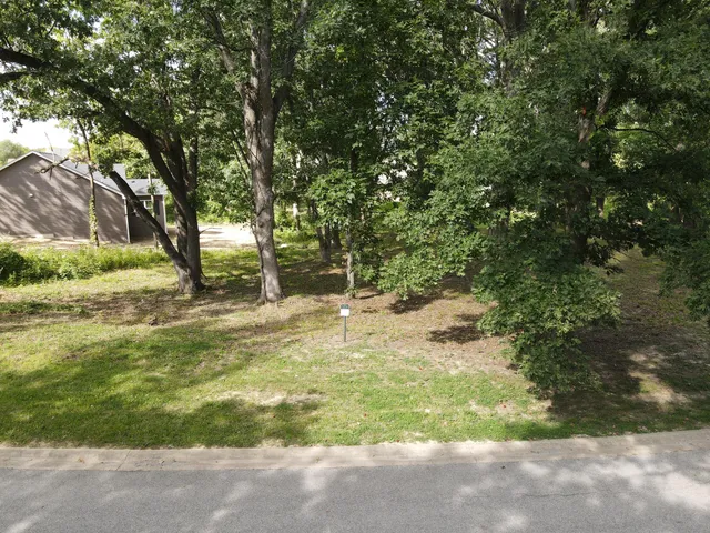 a backyard of a house with a yard and large trees