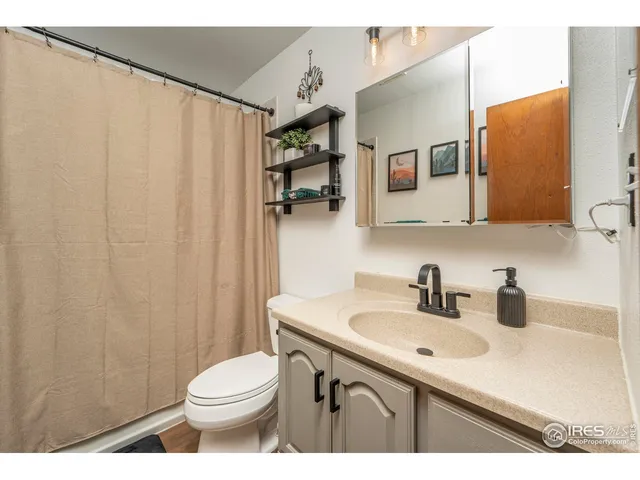 a bathroom with a sink a toilet and shower curtain