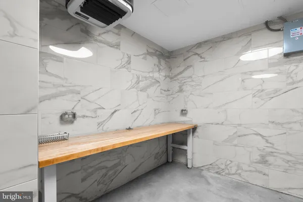 a view of a room with shelves