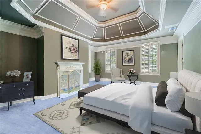 a bedroom with furniture and a chandelier