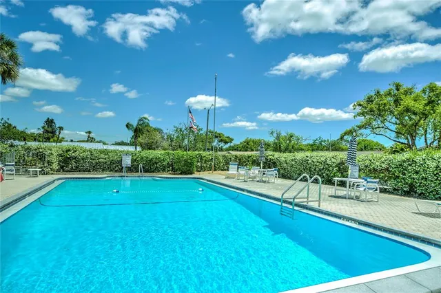 a view of a swimming pool with a yard and plants