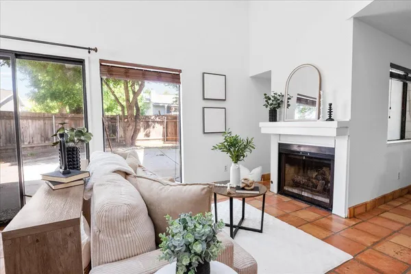 a living room with furniture fireplace and potted plants