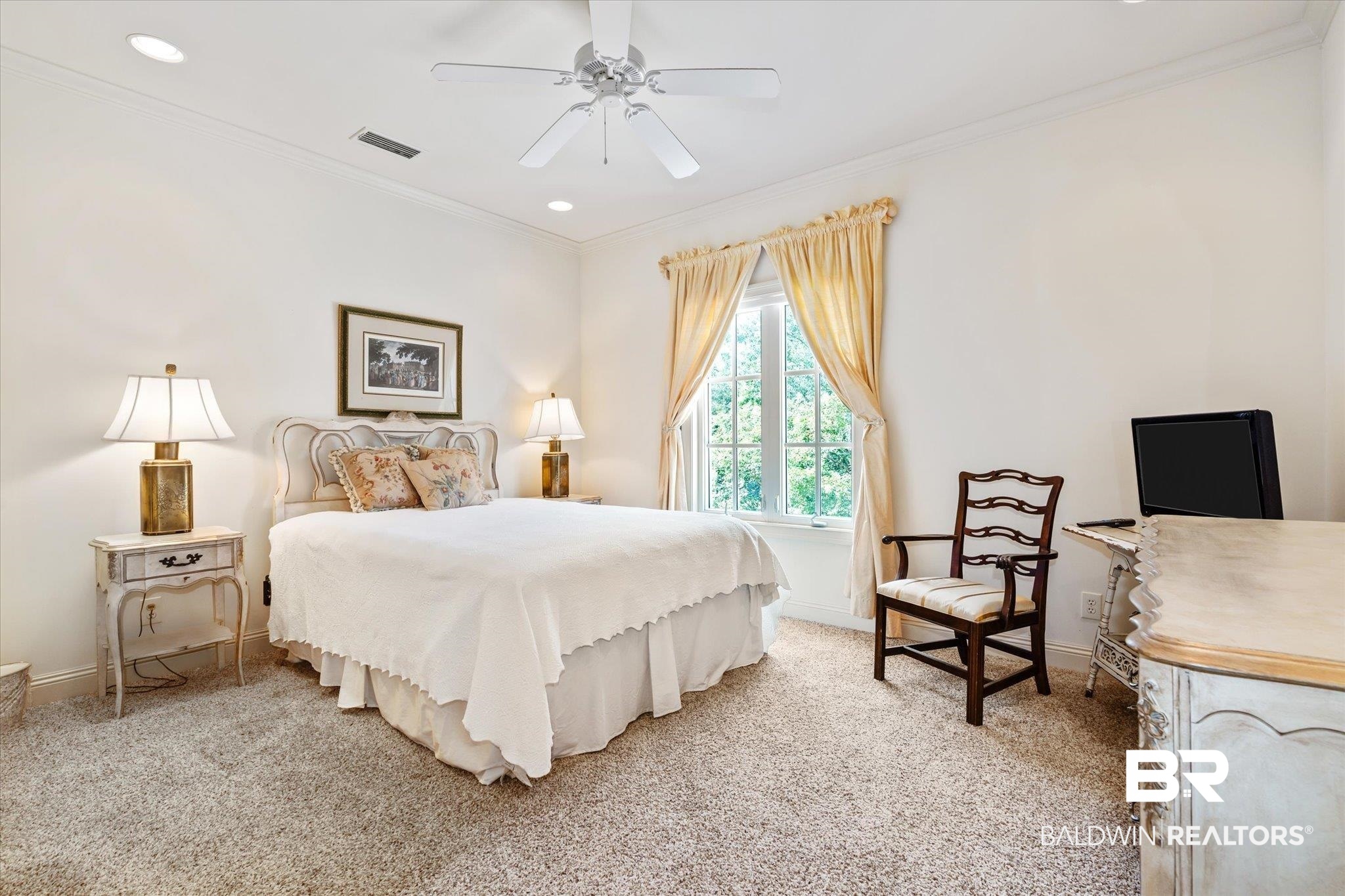 3963 Wimbledon Park Mobile, AL 36608 - Photo 40 of 51 Bedroom with light colored carpet, ornamental molding, and ceiling fan