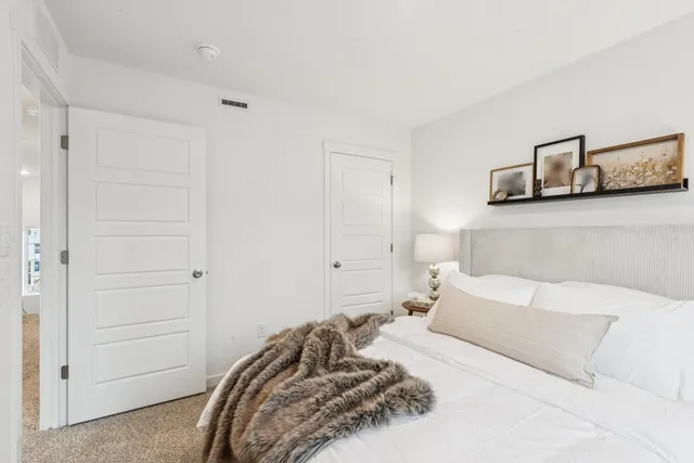 a bedroom with a bed and closet