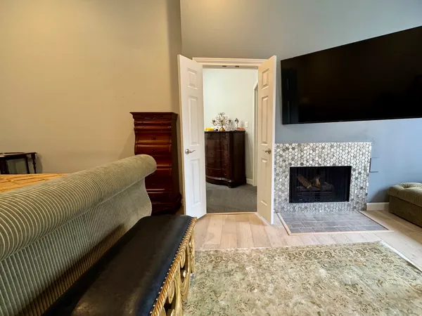 a living room with furniture and a table