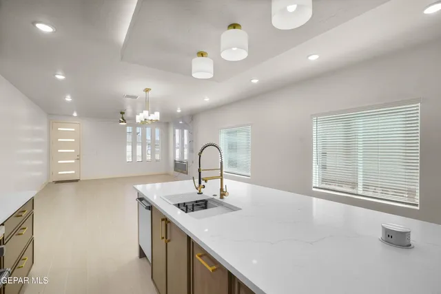 a view of a hallway with wooden shelves