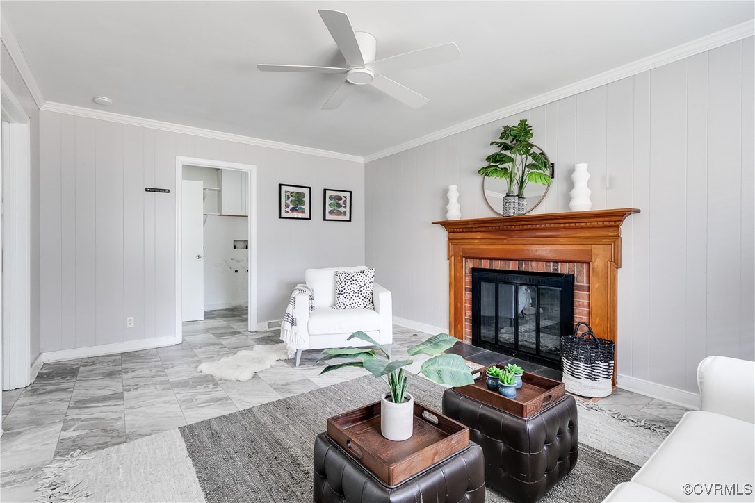 12860 Singer Road Midlothian, VA 23112 - Photo 11 of 39 Living room featuring a fireplace, ceiling fan, cr
