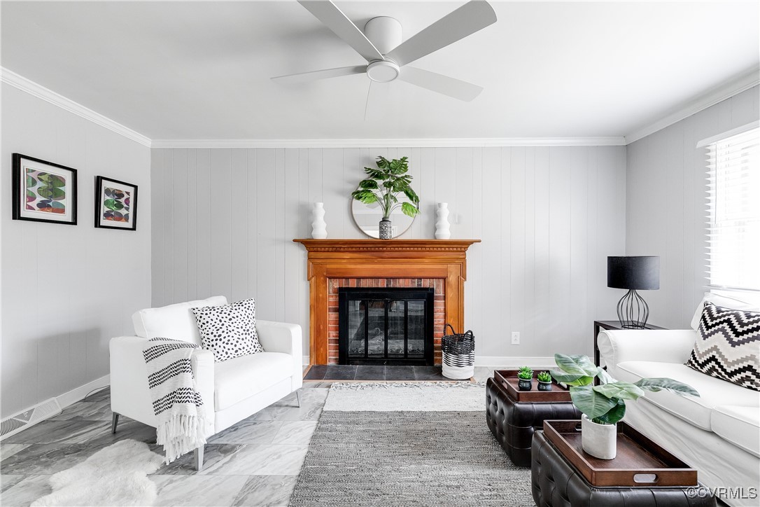 12860 Singer Road Midlothian, VA 23112 - Photo 8 of 39 Living room featuring a fireplace, ceiling fan, cr