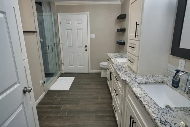 a hallway with cabinets