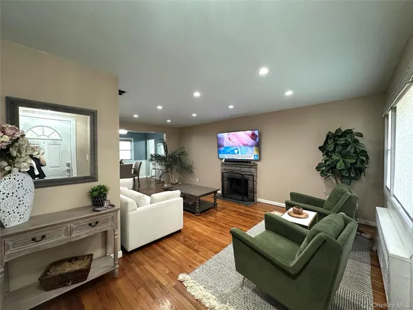 a living room with furniture a flat screen tv and a potted plant