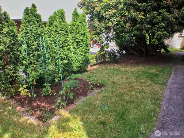 a view of yard with deck and garden