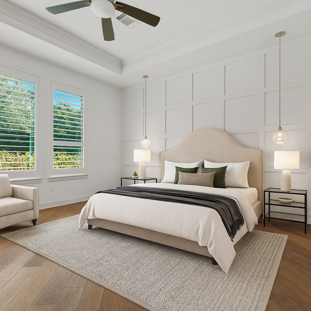 406 Woodside Terrace Austin, TX 78738 - Photo 14 of 34 Virtually Staged. Primary bedroom with feature wall and built in sidetable lights