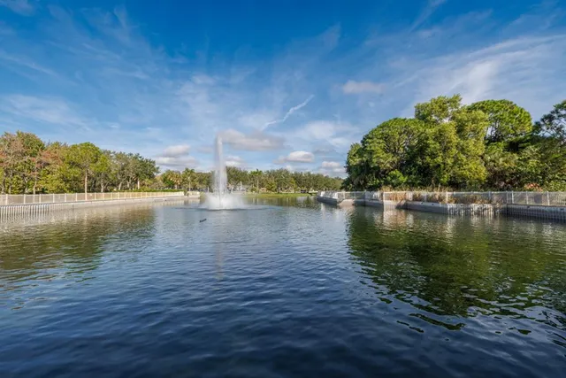a view of a lake with houses in the back
