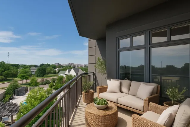 a balcony with wooden floor and outdoor seating