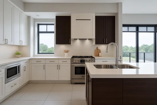 a kitchen with cabinets and window