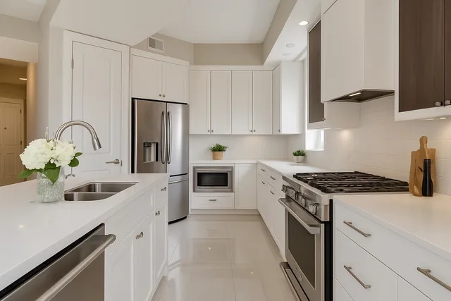 a kitchen with stainless steel appliances granite countertop a sink stove and refrigerator