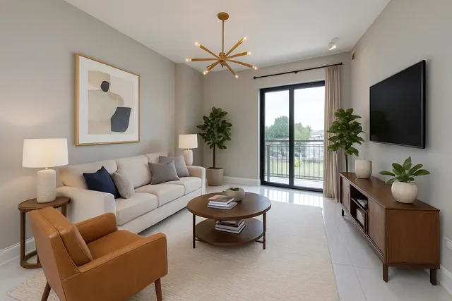 a living room with furniture a flat screen tv and a large window