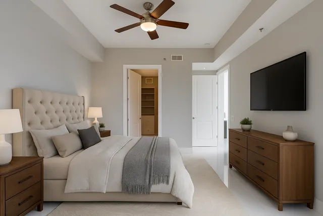 a bedroom with a bed and a flat screen tv