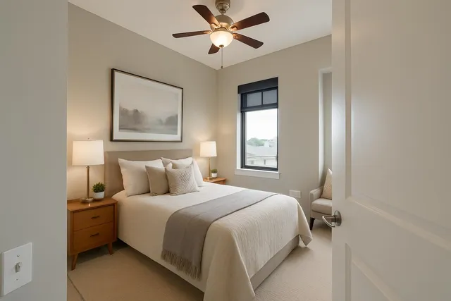 a bedroom with a bed and a window