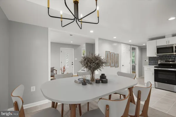 a view of a dining room with furniture