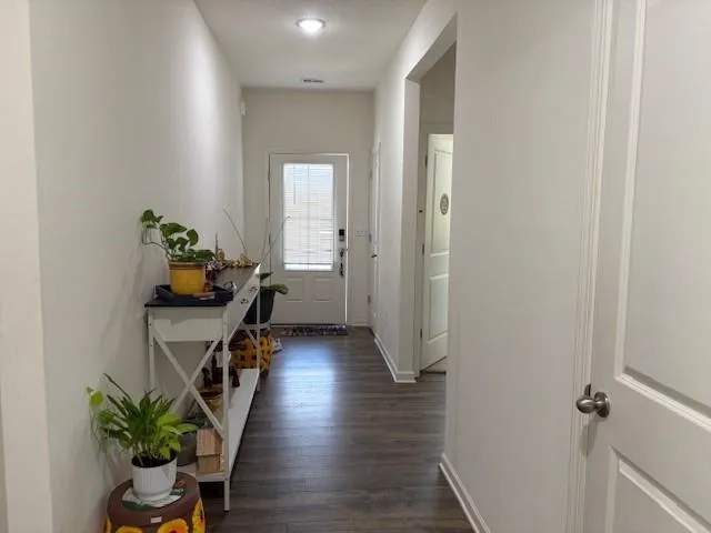 a hallway with wooden floor and potted plants