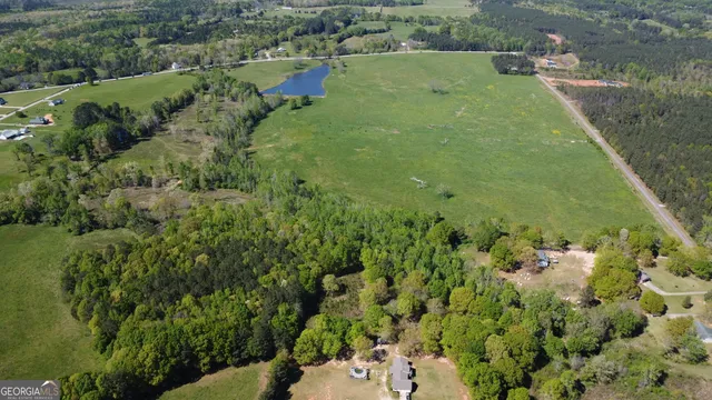 an aerial view of residential houses with outdoor space and trees