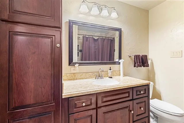 a bathroom with a sink a toilet and mirror