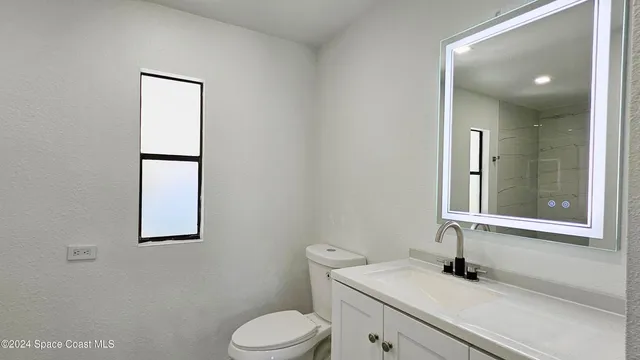 a bathroom with a toilet sink vanity and mirror