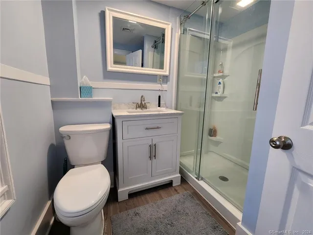 a bathroom with a toilet sink vanity and shower
