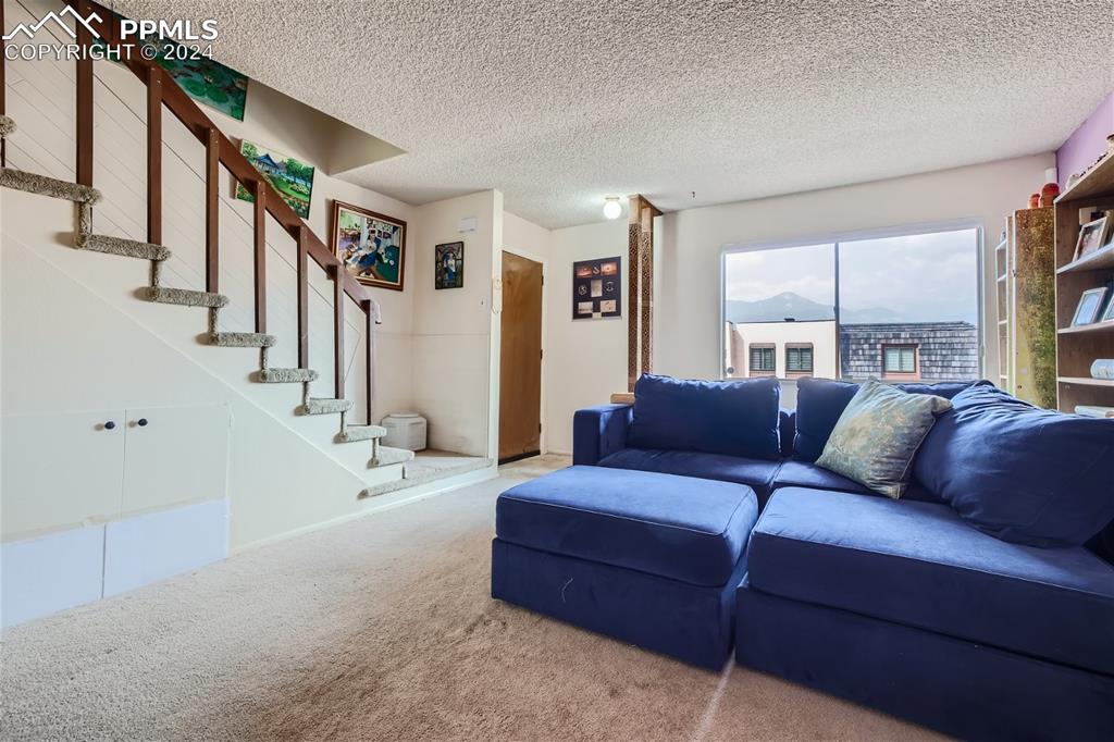 2913 Mesa Road, Unit A Colorado Springs, CO 80904 - Photo 4 of 15 a living room with furniture a flat screen tv and a floor to ceiling window