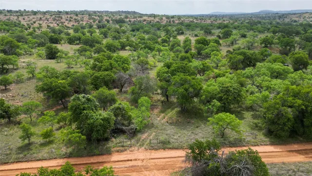 an aerial view of residential houses with outdoor space and trees all around