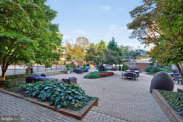 a view of a backyard with sitting area and tree