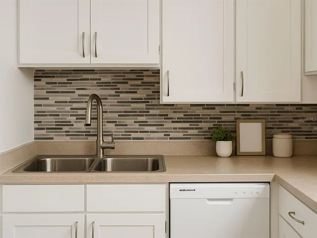 a kitchen with a sink and cabinets