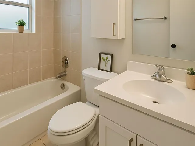 a bathroom with a sink a toilet and bathtub