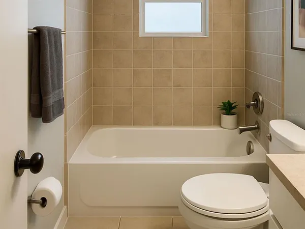 a bathroom with a toilet and a bath tub