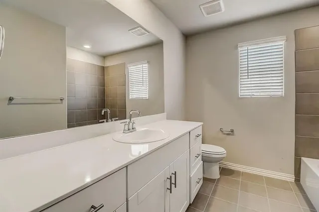 a bathroom with a sink a toilet and mirror
