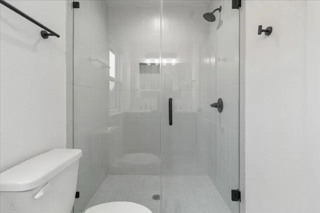 a bathroom with a shower and toilet