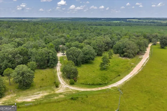 an aerial view of residential house with outdoor space and trees all around
