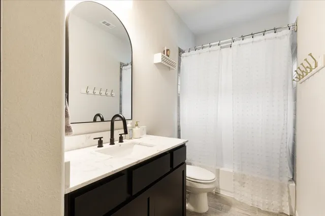 a bathroom with a sink a toilet a mirror and shower curtain