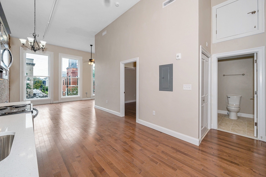 231 Central Street, Unit 203 Lowell, MA 01852 - Photo 2 of 15 a view of a hallway with wooden floor and a living room