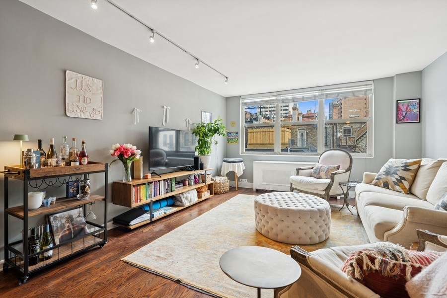 40 East Cedar Street, Unit 4D Chicago, IL 60611 - Photo 6 of 18 a living room with furniture a flat screen tv and a large window