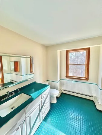 a bathroom with a sink a toilet and a window