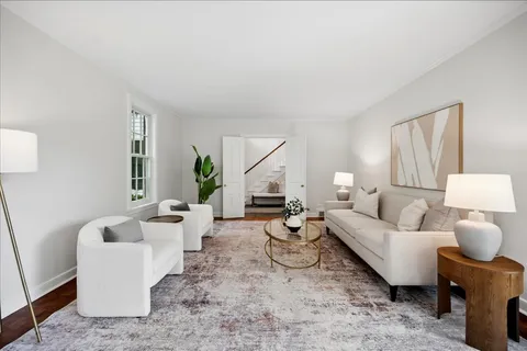 a living room with furniture and a potted plant